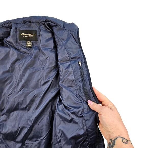 Eddie Bauer Goose Down Puffer Vest Mens Small Quilted Pockets Navy Blue Gorpcore - Picture 11 of 12
